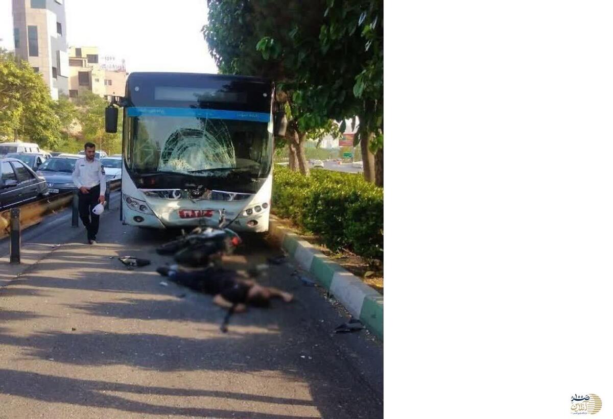 تصادف رخ به رخ راکب موتور سیکلت با اتوبوس در بزرگراه شهید چمران / جسد متلاشی شد + عکس