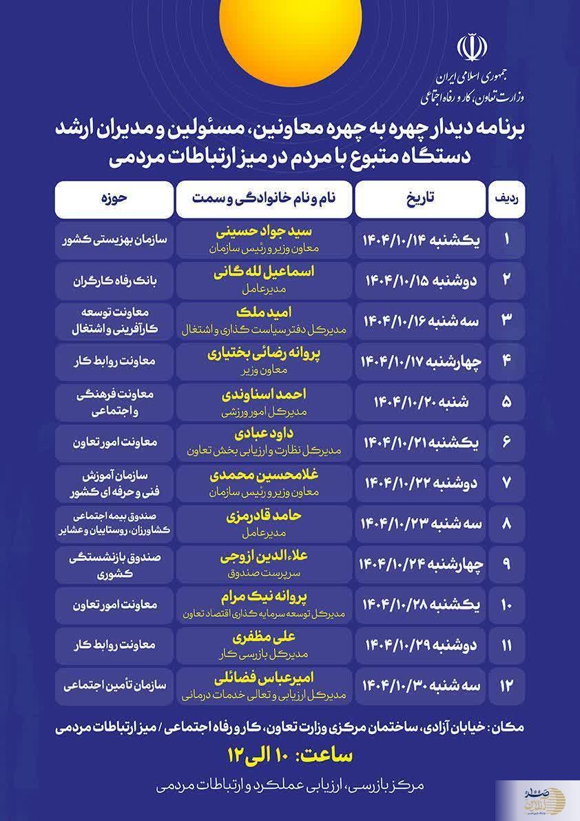 جدول دیدار چهره به چهره معاونین و مدیران وزارت کار با مردم اعلام شد