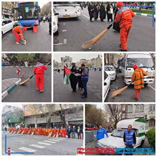پاکسازی مسیر راهپیمایی روز قدس از خیابان کارگر تا وصال شیرازی توسط عوامل اجرای شهرداری منطقه ۳