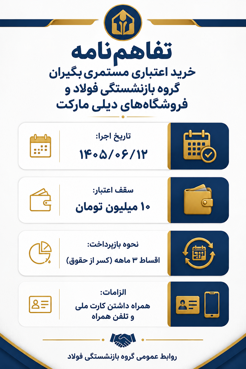 ۱۰ میلیون تومان اعتبار خرید برای بازنشستگان فولاد از امروز ابلاغ شد ۱۰ میلیون تومان اعتبار خرید برای بازنشستگان فولاد از امروز ابلاغ شد
